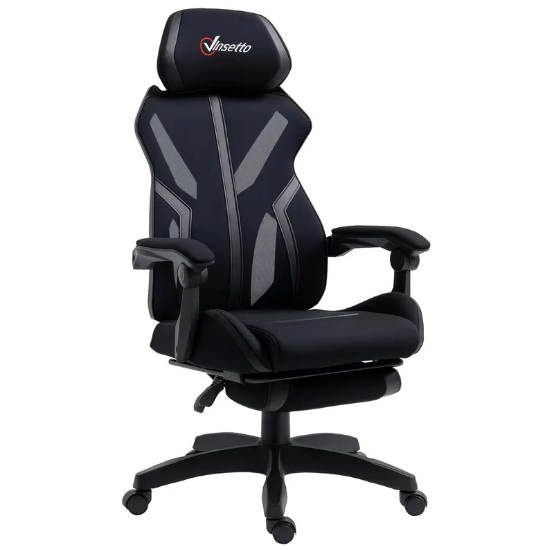Vinsetto Scaun Gaming cu Suport pentru Picior Retractabil Scaun de Birou Rotativ Reclinabil cu Suport pentru Cap și Înălțime Ajustabilă 65x65x119-129 cm Negru | Romania