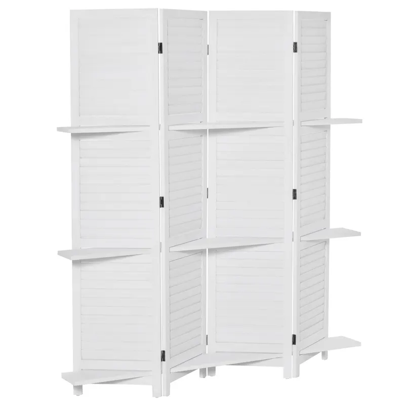 HOMCOM Paravent interior 4 Panouri 160L x 170H cm 3 rafturi Pliabile separator de cameră Uși pliante Lemn de Paulownia Alb | Romania