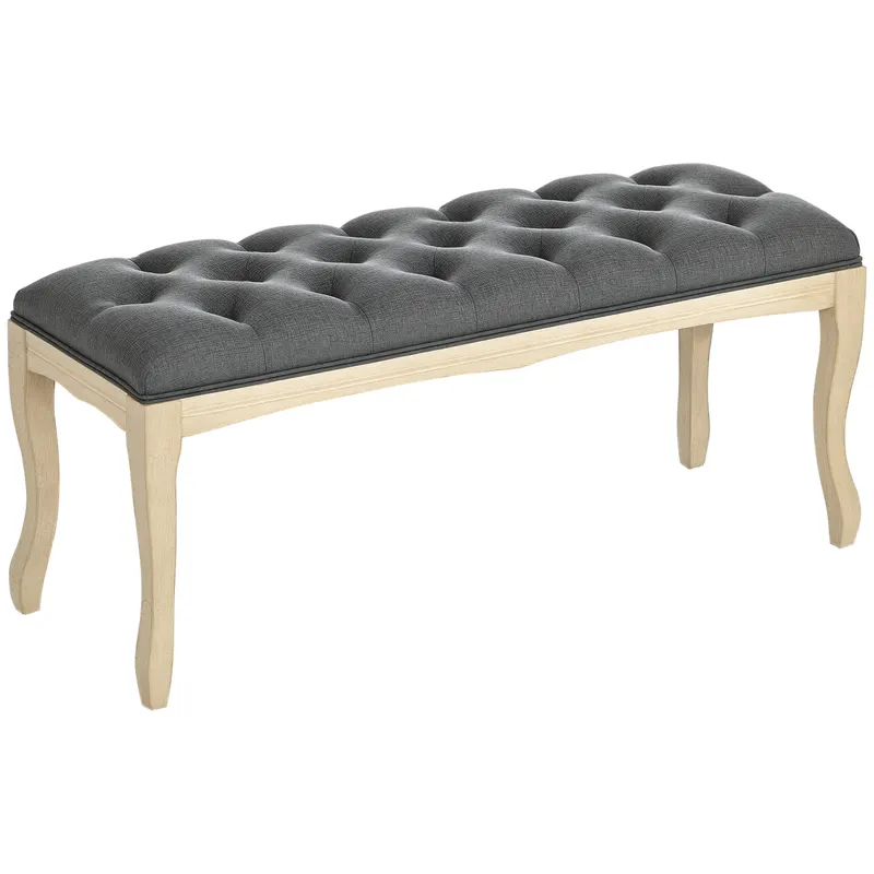 HOMCOM Bancă capitonată stil clasic 110 cm, capăt de pat tapitat cu in, picioare din lemn de hevea sculptat, Lin Gri | Romania