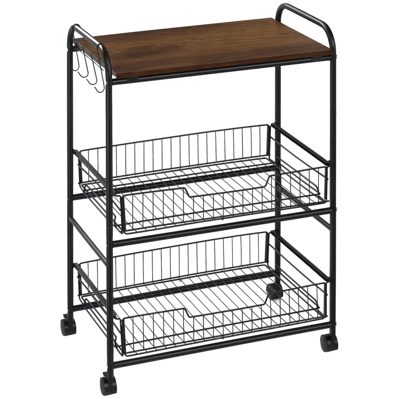 HOMCOM Cărucior Auxiliar cu Roți de 3 Nivele Cărucior de Bucătărie cu 2 Coșuri și 4 Cârlige 60x38x85,5 cm Maro Rustic | Romania