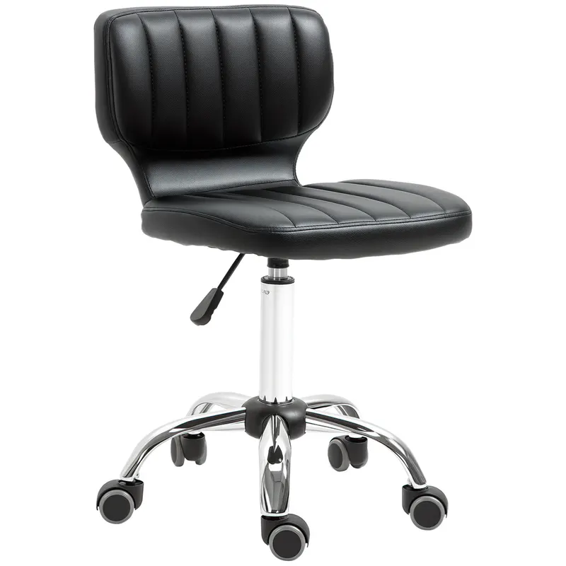 HOMCOM Taburet cu roți - taburet de lucru rotativ la 360° - taburet ergonomic - înălțime șezut reglabilă 47-62 cm - căptușeală de piele ecologică matlasată negru metal cromat | Romania