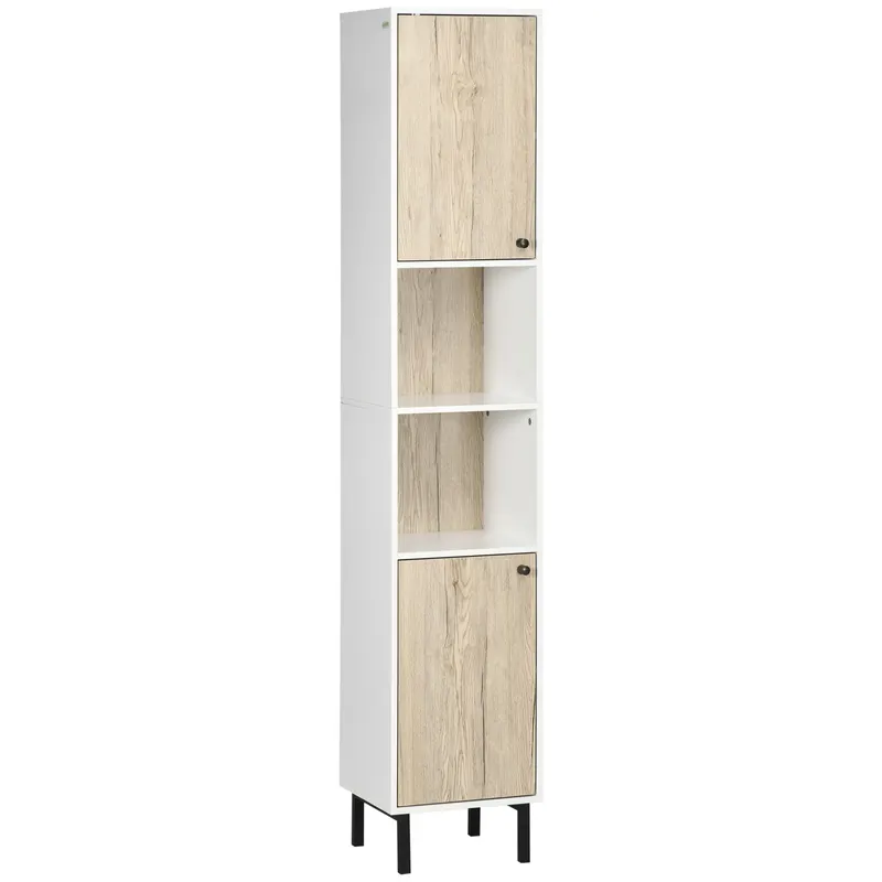 kleankin Coloană de Baie cu 6 Compartimente pentru Duș Toaletă Dormitor Stil Modern 31,5x30x169 cm Alb și Lemn de Stejar | Romania