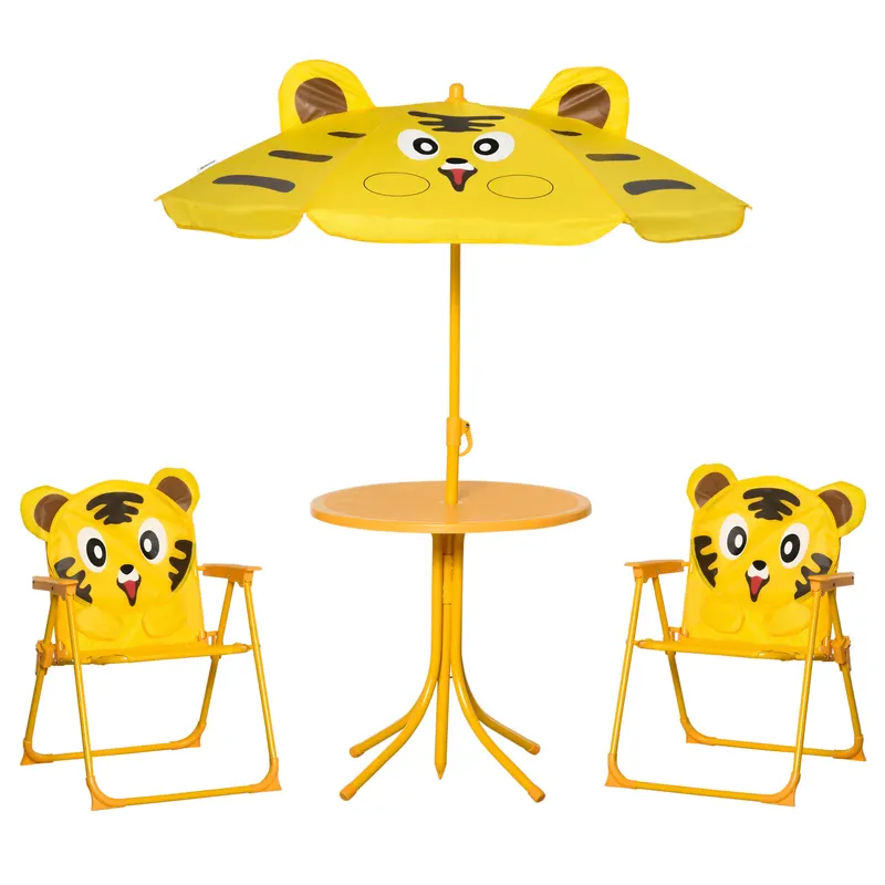Outsunny Set de Grădină 4 Piese pentru Copii cu Model Tigru și Măsuță Rotundă, 2 Scaune Pliabile și o Umbrelă Reglabilă, Măsuță cu Scaune pentru Copii 3-6 Ani de Exterior, Galben | Romania
