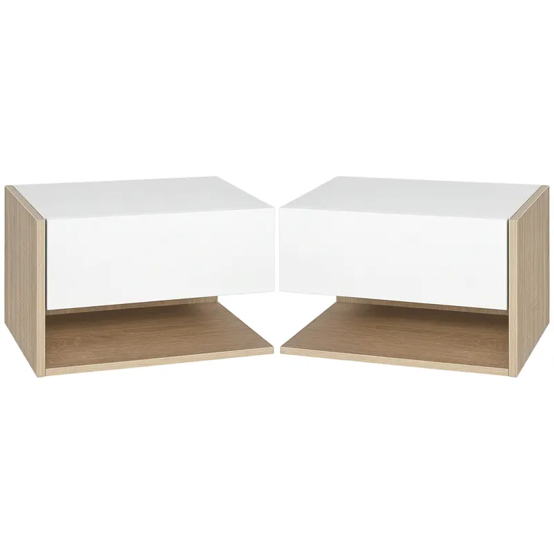HOMCOM Set de 2 Noptiere murale - Set de 2 Noptiere - Sertar Glisant, Raft, Bicolor Aspect stejar Alb | Romania