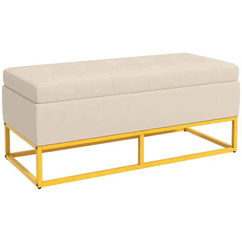 HOMCOM Bancă de Depozitare Rectangulară cu Șezut Căptușit și Picioare din Oțel, 110x44x49 cm, Bej | Romania