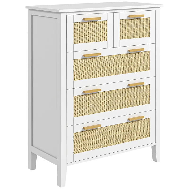 HOMCOM Comodă 5 sertare mânere de lemn masiv șine de metal pentru birou salon dormitor 77 x 37 x 104 cm alb | Romania