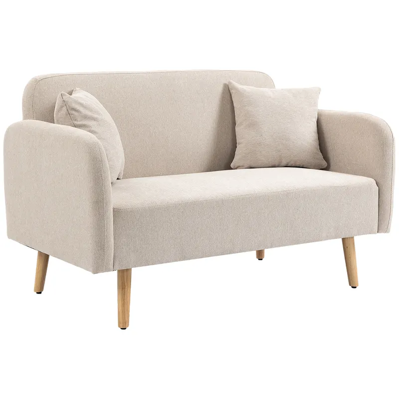 HOMCOM Canapea cu 2 locuri, Canapea, Design Modern, Incl. 2 Perne, Picioare din Lemn, 130 x 70 x 80 cm, Crem | Romania