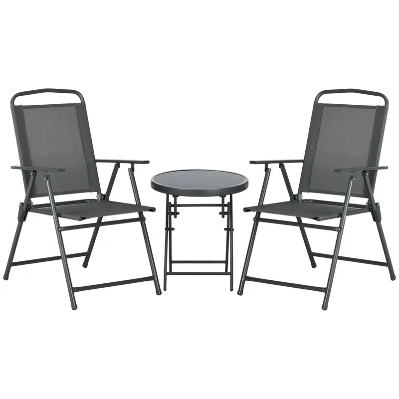 Outsunny Set de Exterior din 3 Piese cu Masă cu Blat din Sticlă și 2 Scaune Pliabile din Plasă, Ф45x50 cm, Gri Deschis | Romania