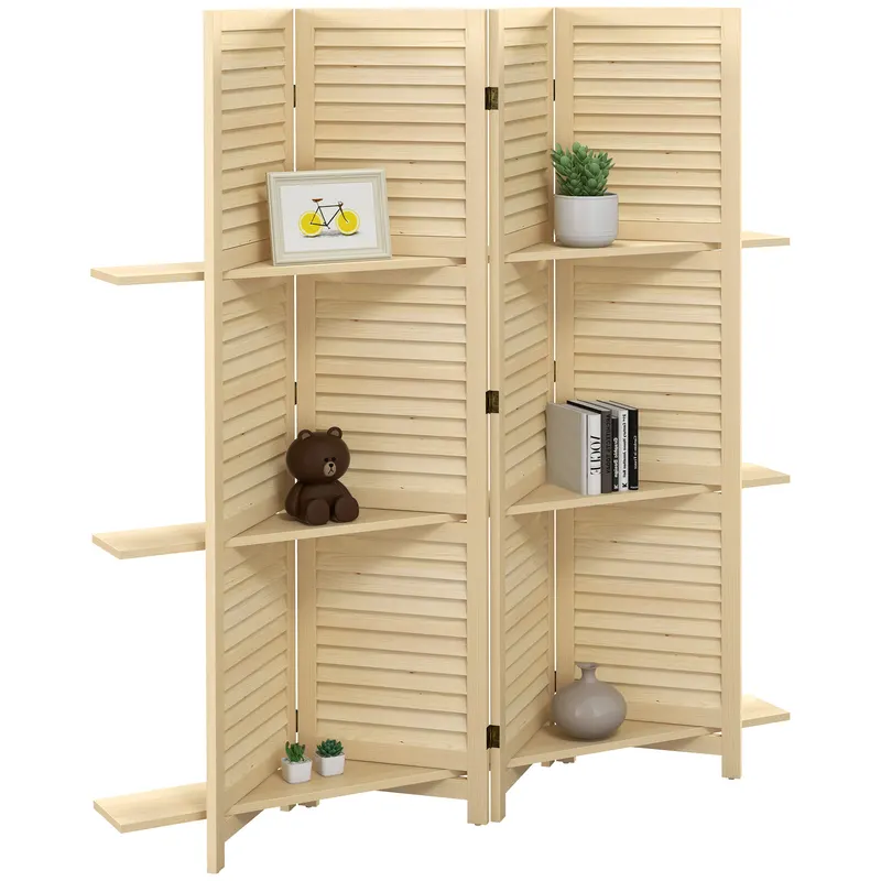 HOMCOM Paravant interior 4 panouri 160L x 170Î cm 3 rafturi pliabile separatoare de cameră uși pliante natural | Romania