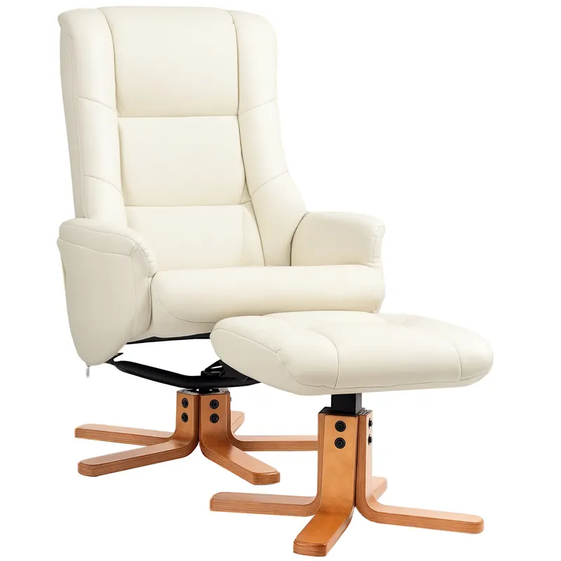 HOMCOM Fotoliu de Relaxare cu Taburet, Funcție de Culcare, Piele Ecologică, până la 150 kg, 71 x 84 x 102 cm, Crem | Romania