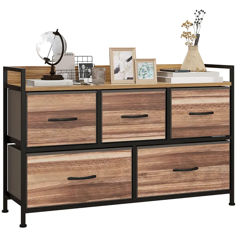 HOMCOM Comodă de Depozitare 5 sertare din Material Textil 98 x 29 x 63 cm structură din oțel negru | Romania