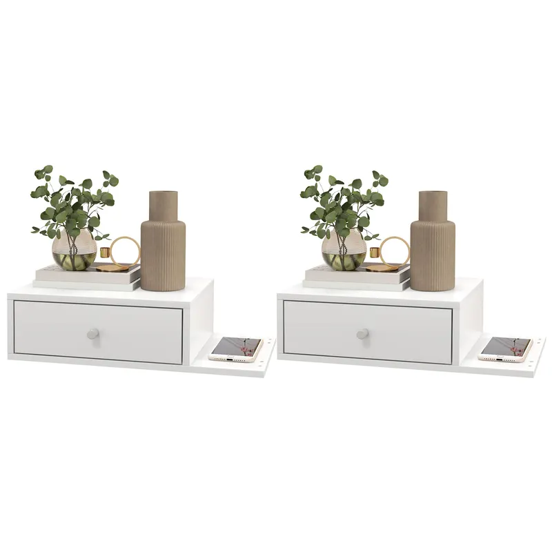 HOMCOM Set de 2 noptiere de perete - set de 2 noptiere - raft lateral și sertar - 55l x 30P x 15H cm MDF alb | Romania