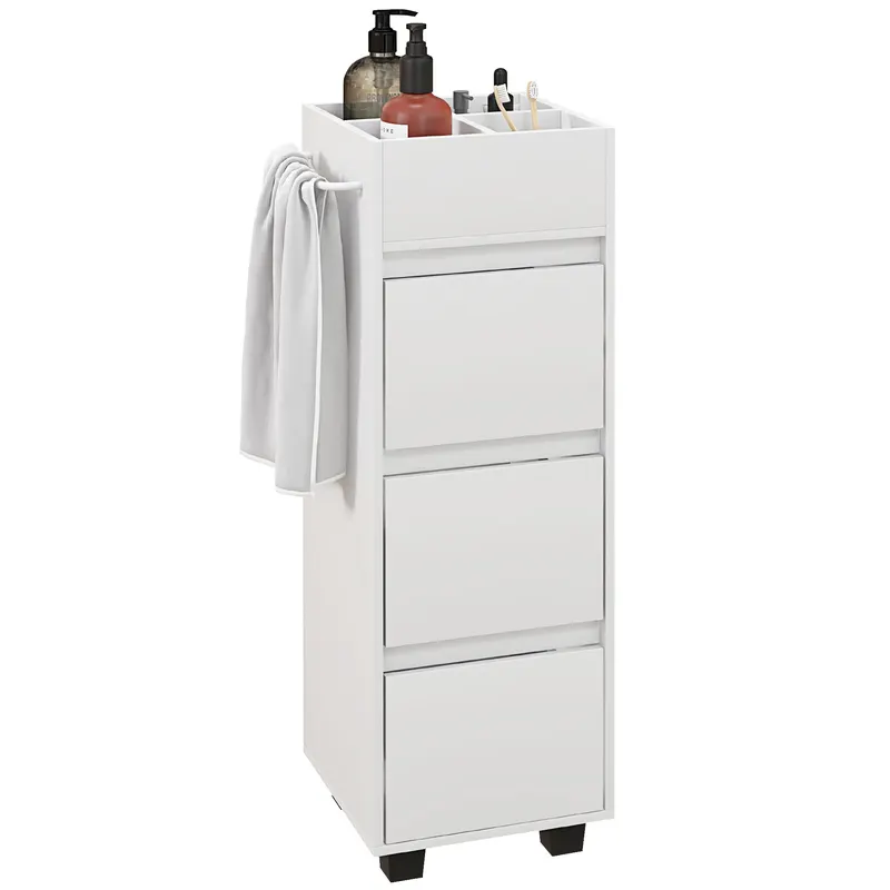 HOMCOM Mobilier de depozitare pentru baie cu 4 compartimente, 3 sertare și suport pentru prosoape, dim. 35 x 30 x 90 cm, alb | Romania