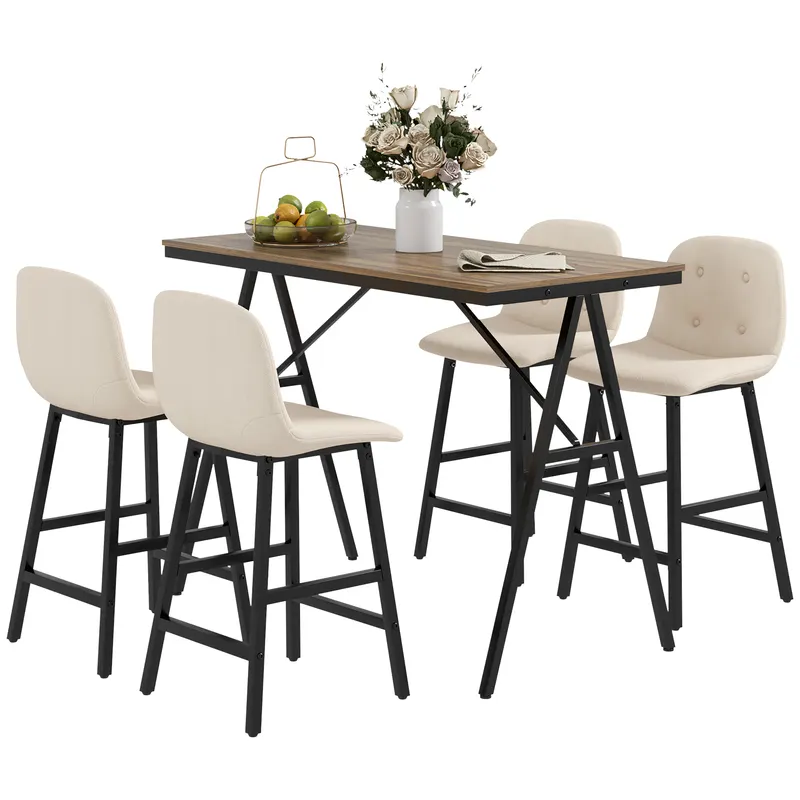 HOMCOM Set de bar format din 5 piese, masă și 4 scaune, tapițerie cu buton, spumă groasă, design cu aspect de in, bej | Romania