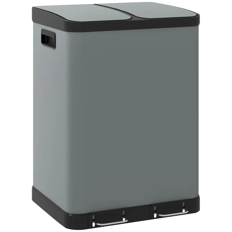 HOMCOM Coș de gunoi dublu, 2 x 30L, rezistent la amprente, Pedală, tăvi interioare detașabile, Gri | Romania
