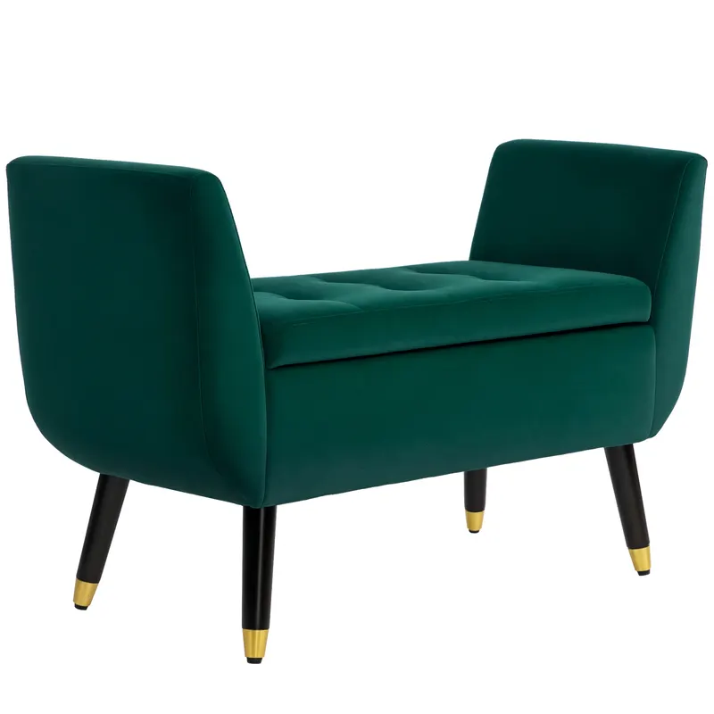 HOMCOM Polsterbank mit Stauraum, Armlehnen, Material textil din poliester de tip catifelat, Lemn de cauciuc, 107 x 42 x 65 cm, Verde | Romania