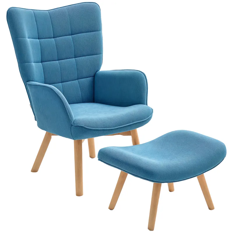 HOMCOM Fotoliu Accent cu Otoman, Fotoliu de Relaxare cu Aspect de Cord, Fotoliu cu Brate de Lemn, pentru Living, Albastru | Romania