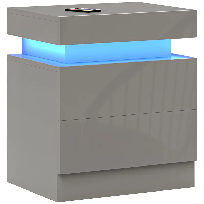 HOMCOM Mesa de Noapte cu Lumini LED 2 Sertare și Telecomandă Masă de Noapte pentru Dormitor Sufragerie 45x35x52 cm Gri | Romania