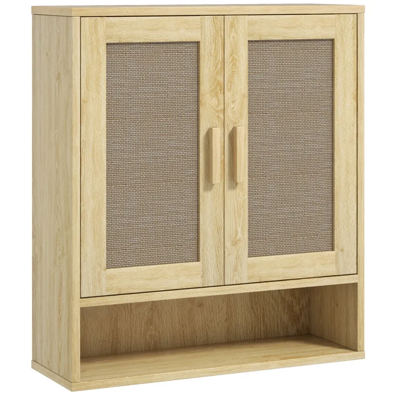 HOMCOM Mobilier de baie de perete dulap wc suspendat cu uși duble și raft deschis 59 x 20 x 66,5 cm efect lemn de stejar | Romania