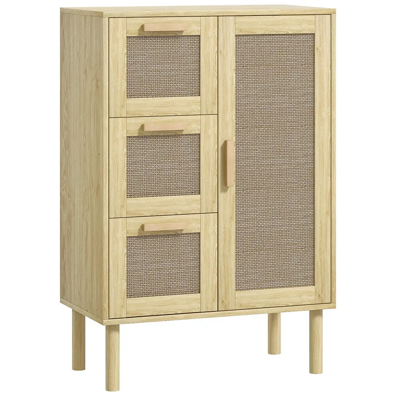 HOMCOM Armoire mobilier de depozitare stil boem cu 3 sertare și 3 rafturi, fațadă din răchită țesută, compact, 55 x 30 x 82 cm | Romania