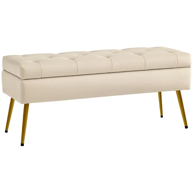 HOMCOM Bancă de depozitare în aspect de catifea, Hocker căptușit cu design căptușit, Cadru metalic, 102 x 35 x 43 cm, Bej | Romania