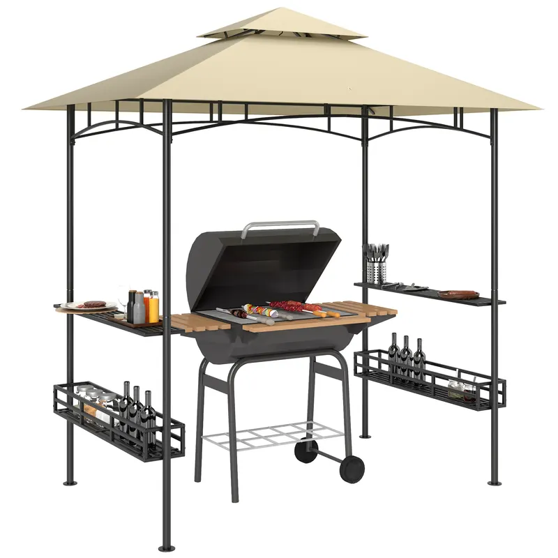 Outsunny Cort de Grătar, Cort de BBQ, Foisor de Grădină cu 2 Rafturi, Coșuri de Depozitare, Carlige, pentru Terasă, Bej | Romania