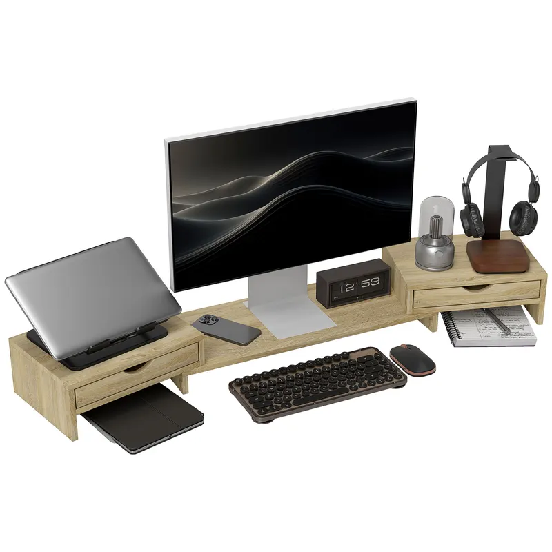 HOMCOM Rehausseur écran PC bureau support d'écran d'ordinateur de 60-116 cm cu 2 sertare, lungime și unghi reglabil | Romania