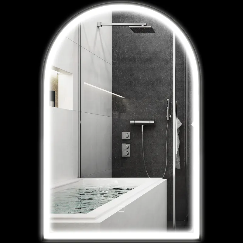 HOMCOM Oglindă de baie cu LED-uri 90 x 60 cm, montată pe perete, 3 culori, arcuită cu cadru din aluminiu, funcție anti-întunecare și comutator tactil | Romania