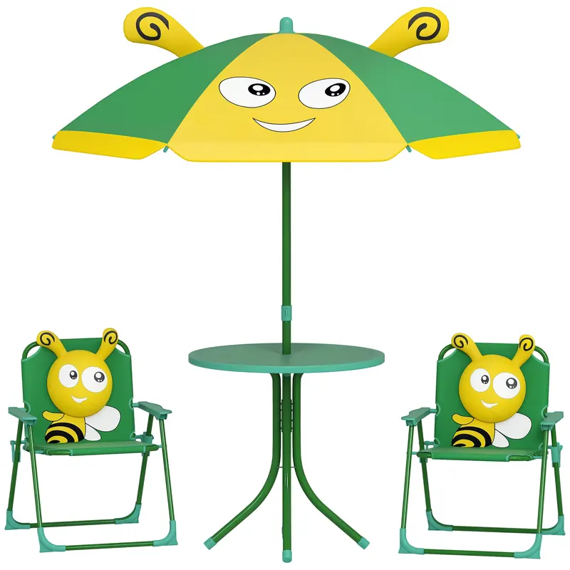 Set mobilier de grădină pentru copii AIYAPLAY, Scaune, Masa, Umbrelă, Design de Albinuțe, Verde+Galben | Romania