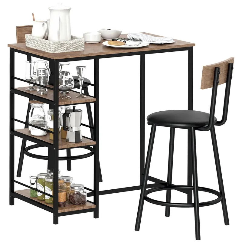HOMCOM Set de 3 piese pentru bucatarie cu bar si 2 scaune, Set de bucatarie compact cu rafturi laterale, MDF, Metal, Stejar | Romania