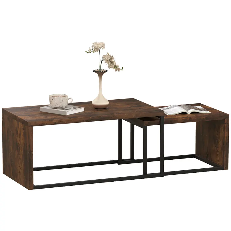 HOMCOM Set de Mese de Cafea 2 bucăți, Masă de Cafea, Masă Laterală, MDF, Metal, 90 x 48 x 42 cm / 59 x 42 x 36 cm, Negru+Maro | Romania