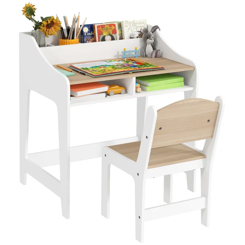 AIYAPLAY Set birou si scaun pentru copii 3-8 ani cu compartimente si rafturi deschise, efect lemn natural | Romania