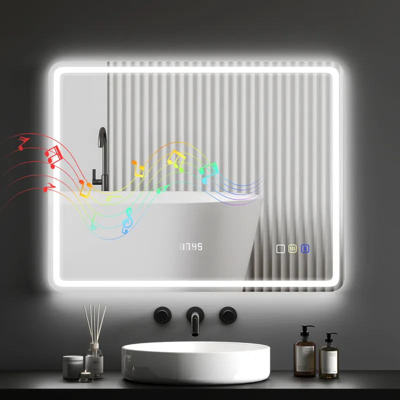HOMCOM Oglindă de Baie cu Iluminare LED, Pad Anti-În Ceață, 3 culori reglabile, Ceas, 700 x 900 mm, Argintiu | Romania
