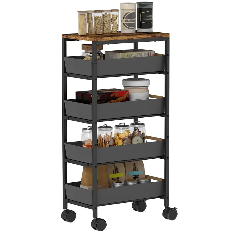 HOMCOM Carucior de Bucătărie de 5 Nivele Carucior Auxiliar cu Roți Tablou Efect Lemn Sertare Extrase 39,5x24x82 cm Negru | Romania