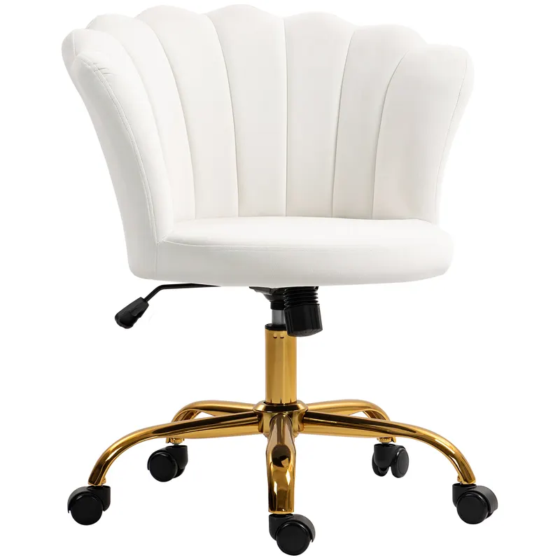 HOMCOM Scaun birou din catifea, scaun coafeză cu spătar în formă de petală, înălțime reglabilă, 69 x 64 x 80-90 cm, alb | Romania