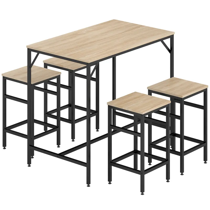 HOMCOM Set Masă de Bar cu Taburete din 5 Piese, Stil Industrial, PAL și Metal, 100 x 60 x 88 cm, Lemn Natural | Romania