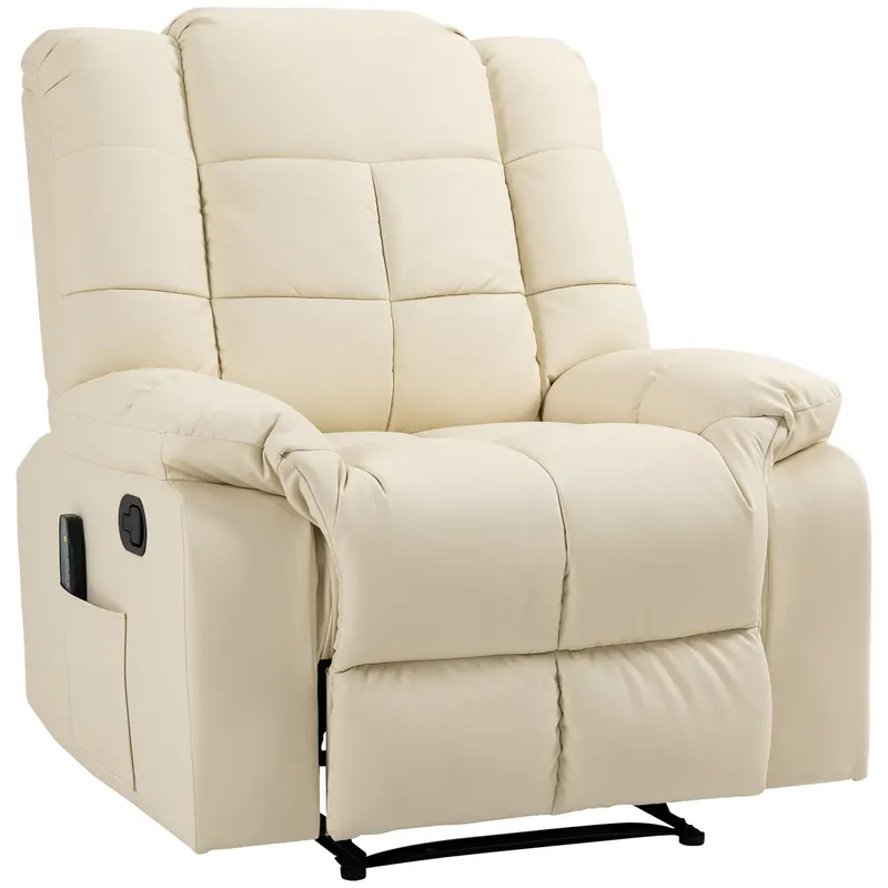 HOMCOM Fotoliu de Masaj Reclinabil Manual 165° cu 8 Puncte de Masaj și Suport pentru Picioare, Fotoliu Relax Tapițat cu Telecomandă, Buzunare Laterale, din Piele PU, Max 160kg, pentru Casă sau Birou, Crem | Romania