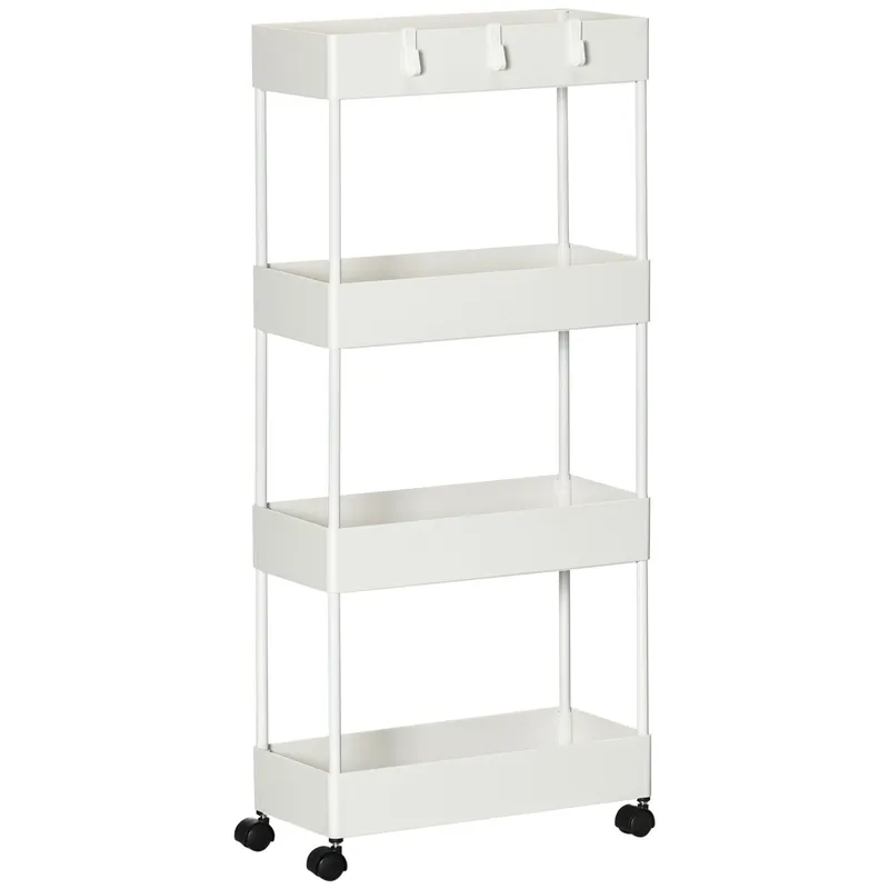 HOMCOM Cărucior Bucătărie Multifuncțional cu 4 Polițe și 3 Cârlige, Oțel și Plastic, 40x19x90 cm, Alb | Romania