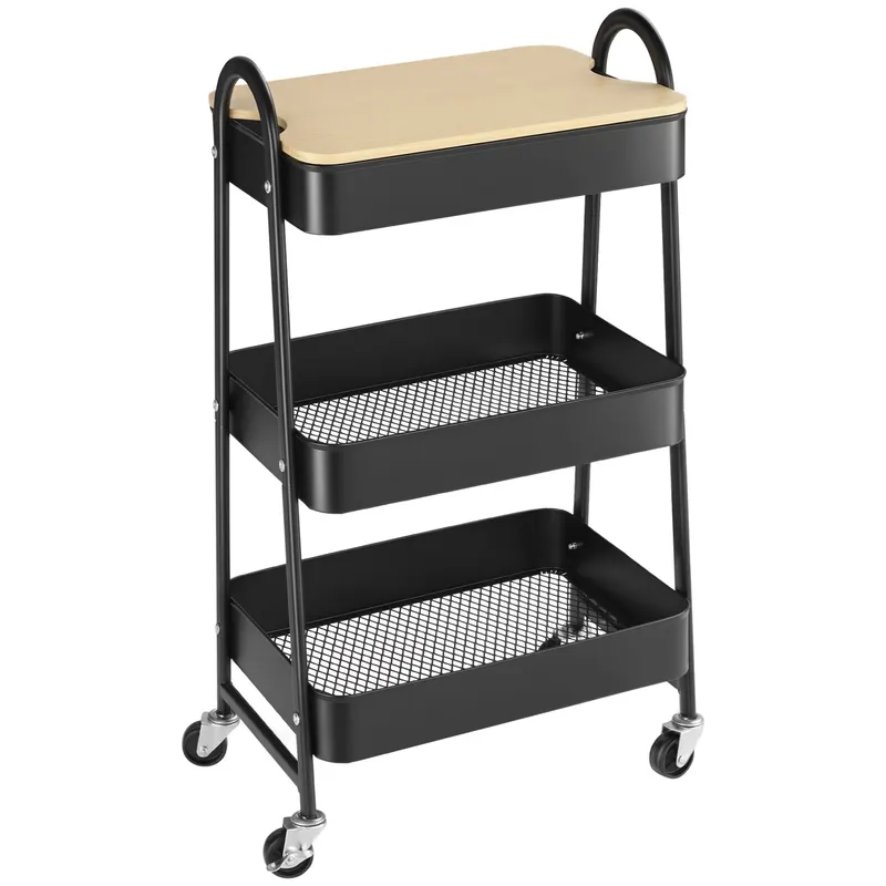 HOMCOM Servieta cărucior de stocare din oțel cu rotile cu 3 niveluri, cu blat MDF, mânere dim. 45L x 31l x 79,4H cm | Romania