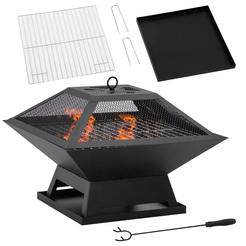 Outsunny Grătar 45 x 45 x 34cm din oțel inoxidabil cu protectie împotriva scânteilor și cârlig pentru grătar pentru grădină, balcon, BBQ camping negru | Romania
