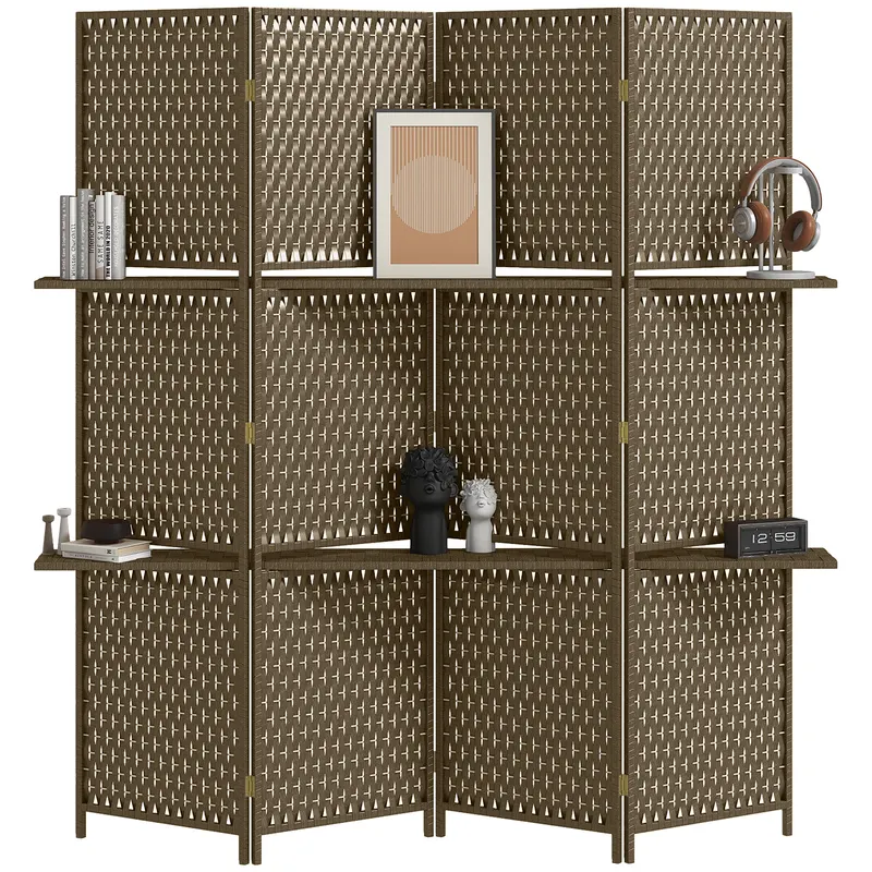 HOMCOM Paravan interior separator de încăpere 4 panouri 2 rafturi lemn de pin țesut cu fibre de hârtie 181 x 180 cm maro | Romania