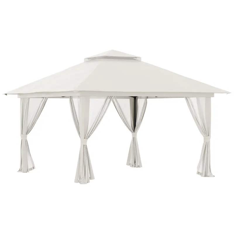Outsunny Pavilion Pliabil Pop-Up 4x4 m cu Înălțime Reglabilă pe 3 Niveluri, Pavilion Exterior cu Plasă de Țânțari, Saci de Nisip, Geantă de Transport, UV50+, pentru Grădină Camping Petreceri, Crem | Romania