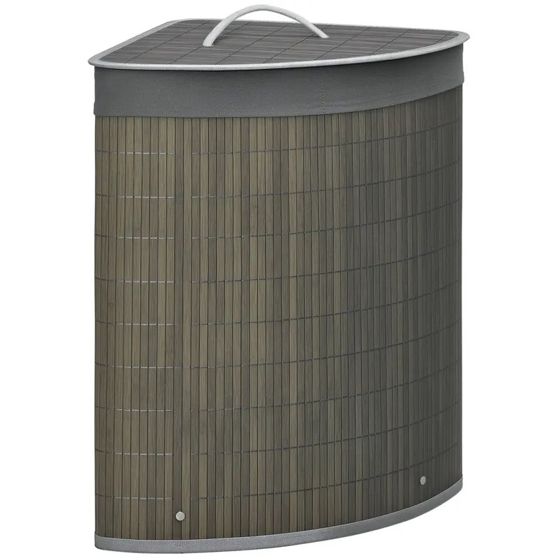 HOMCOM Cos de rufe din bambus pentru colt 55L cu capac si sac detasabil 38 x 38 x 57 cm gri | Romania