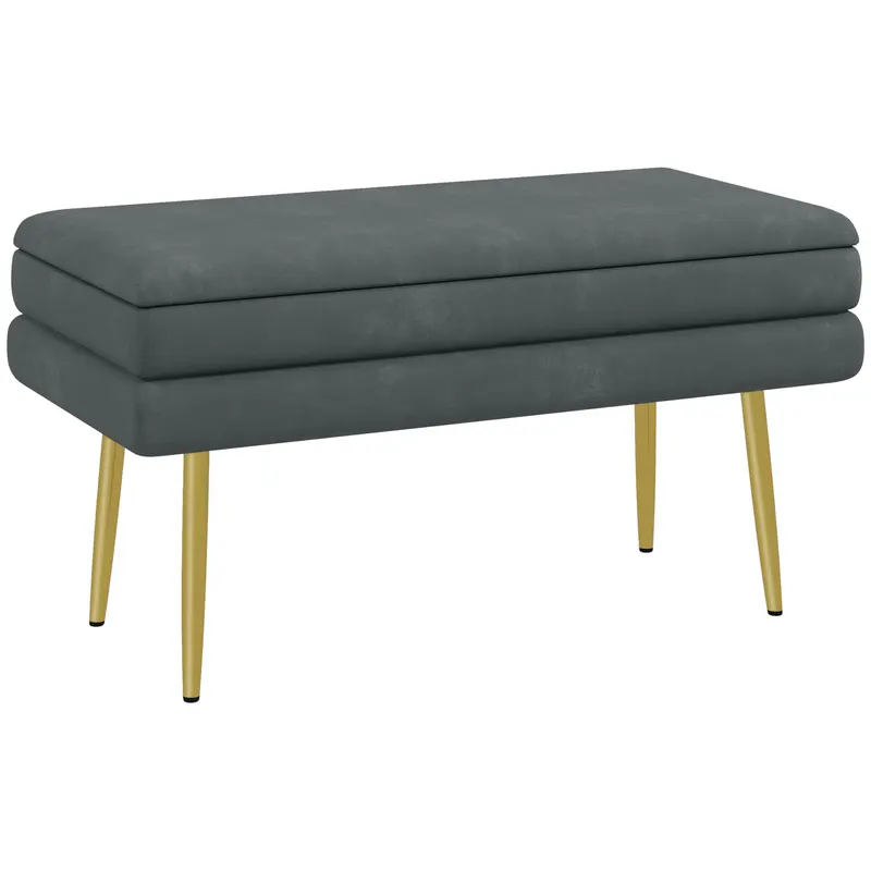 HOMCOM Banc bancă cutie de depozitare 2 în 1 cu asistent aspect de catifea și picioare din oțel - 79,5L x 37,5P x 43H cm gri și aurit | Romania