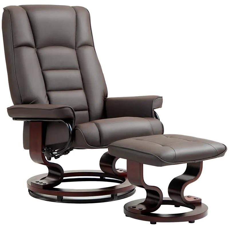 HOMCOM Fotoliu de relaxare cu taburet, rotativ & inalt reglabil, piele ecologică, până la 150 kg, cadru din lemn, Maro | Romania