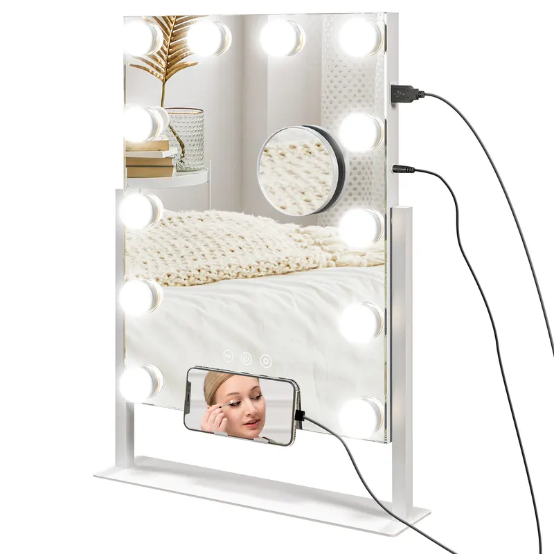 HOMCOM Oglindă Hollywood cu 12 becuri LED, luminos reglabil, rotație la 360°, magnificare 10X, atingere tactilă, alb | Romania