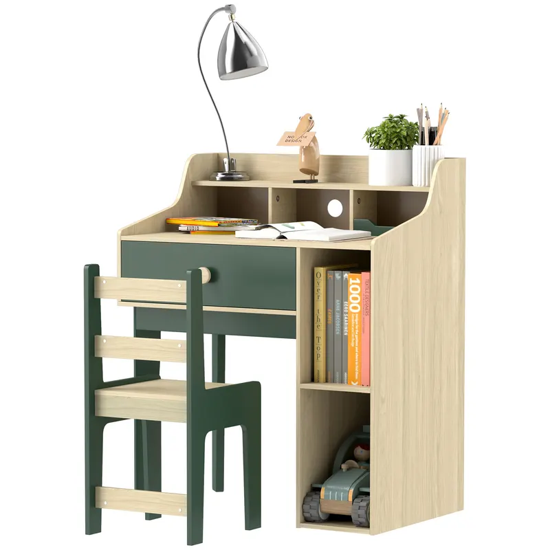 AIYAPLAY Set birou și scaun pentru copil cu rafturi de depozitare și sertar, mobilier pentru copii de la 3 la 10 ani, verde | Romania