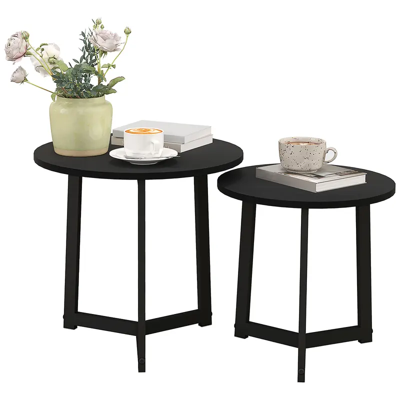 HOMCOM Set modern de mese de cafea, Cadru de Oțel, MDF, Design Rotund, suprapozabil, Negru | Romania