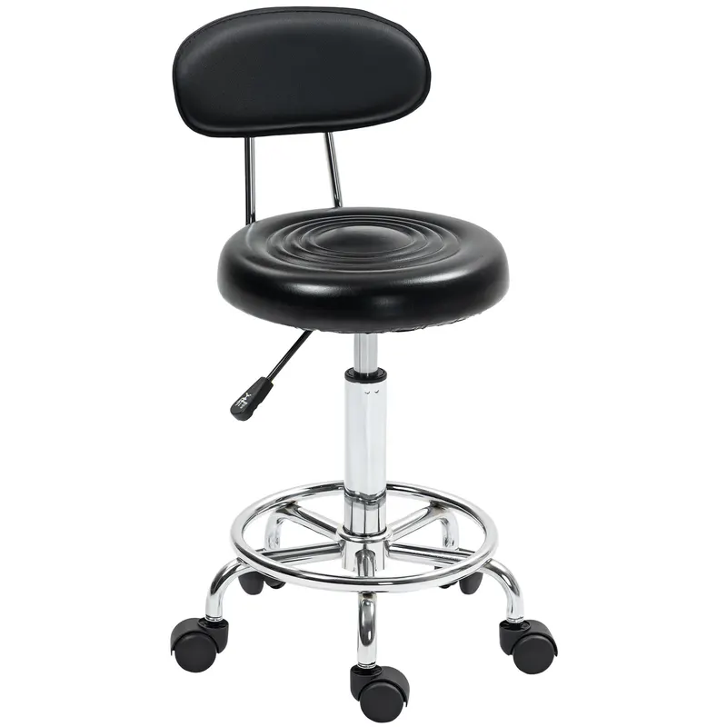 HOMCOM Scaun Rotativ Reglabil la 360°, Scaun Estetician cu Spătar, Roți și Suport pentru Picioare, din Oțel, Piele Sintetică, 32x40x70-86 cm, Negru | Romania
