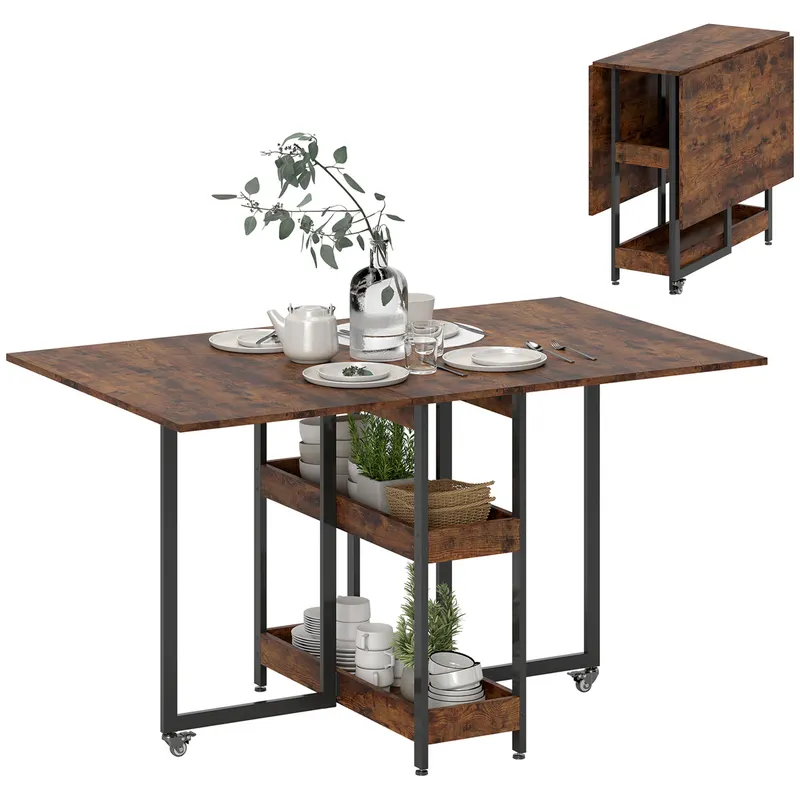 HOMCOM Masă de Dining Extensibilă în stil industrial, pentru până la 4 persoane, rafturi deschise, flexibilă, Metal, Placă de melamină, Maroniu | Romania